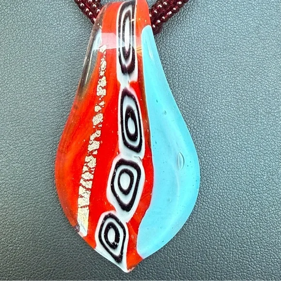 Multi Strand Red Seed Bead Necklace & Dichroic Art Glass Pendant - adjustable - Picture 2 of 7